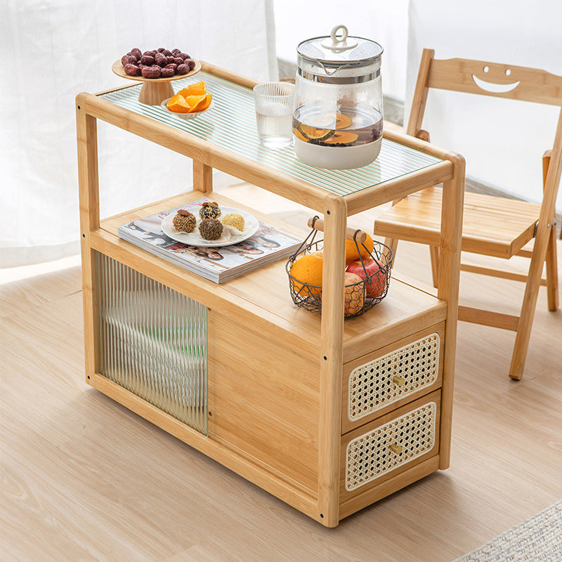 Modern Minimalist Bamboo Solid Wood Plywood Resin Rattan Glass Rectangular Mobile Side Table With 2 Drawers For Living Room