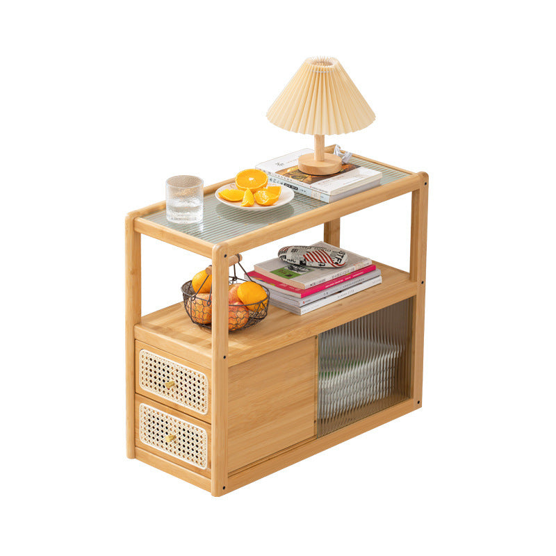 Modern Minimalist Bamboo Solid Wood Plywood Resin Rattan Glass Rectangular Mobile Side Table With 2 Drawers For Living Room