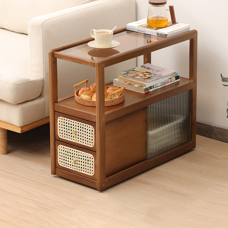 Modern Minimalist Bamboo Solid Wood Plywood Resin Rattan Glass Rectangular Mobile Side Table With 2 Drawers For Living Room