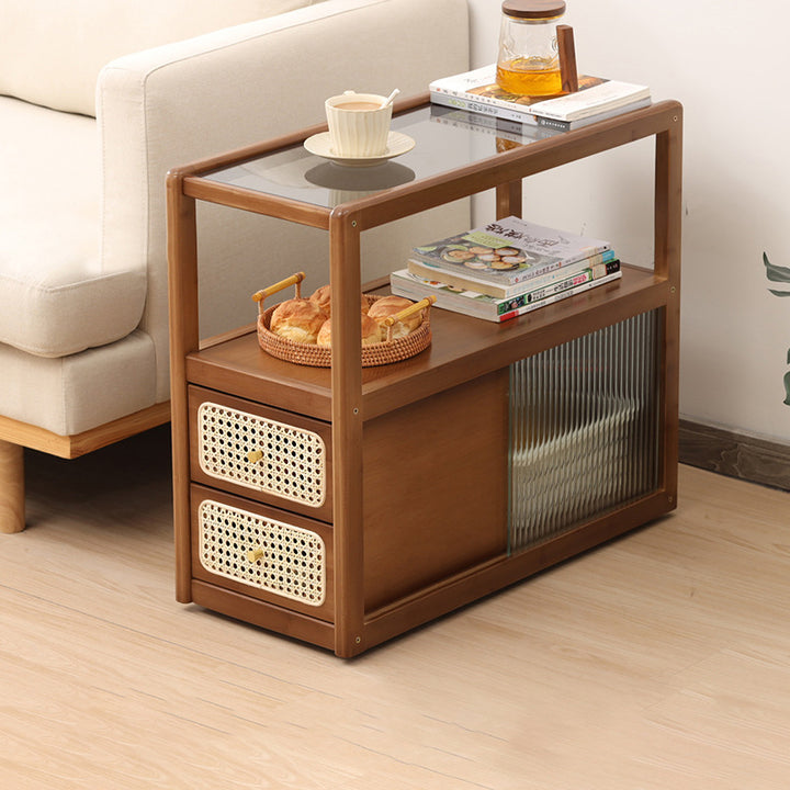Modern Minimalist Bamboo Solid Wood Plywood Resin Rattan Glass Rectangular Mobile Side Table With 2 Drawers For Living Room