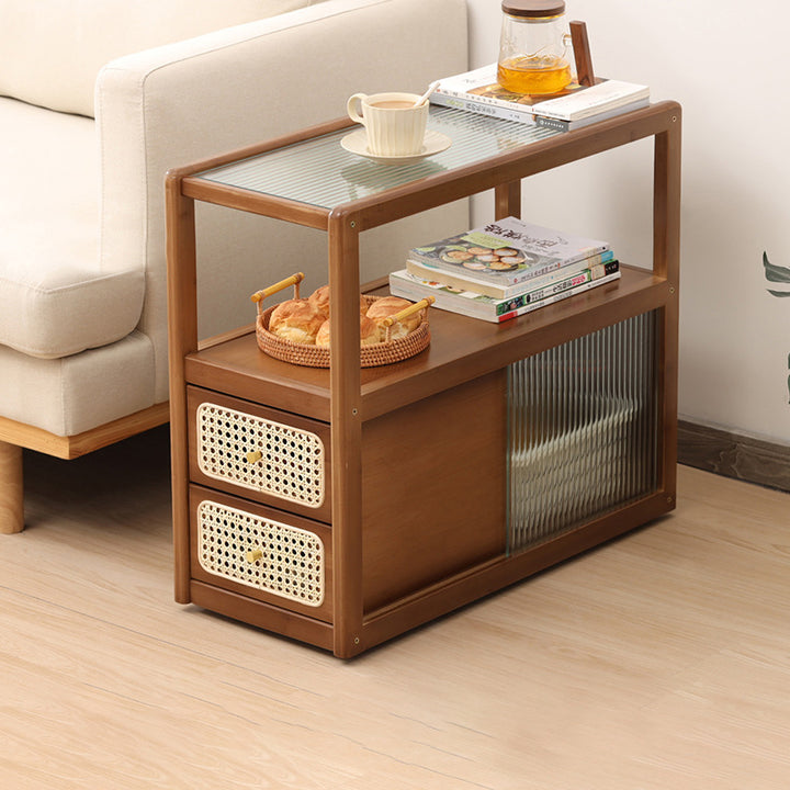Modern Minimalist Bamboo Solid Wood Plywood Resin Rattan Glass Rectangular Mobile Side Table With 2 Drawers For Living Room