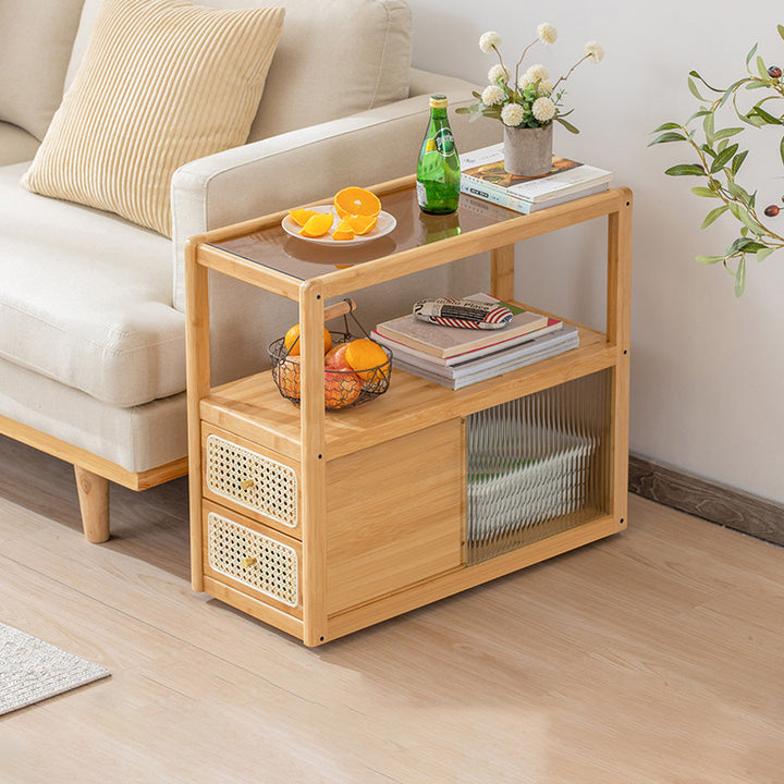 Modern Minimalist Bamboo Solid Wood Plywood Resin Rattan Glass Rectangular Mobile Side Table With 2 Drawers For Living Room