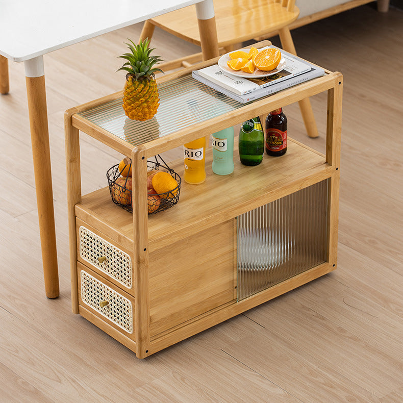 Modern Minimalist Bamboo Solid Wood Plywood Resin Rattan Glass Rectangular Mobile Side Table With 2 Drawers For Living Room