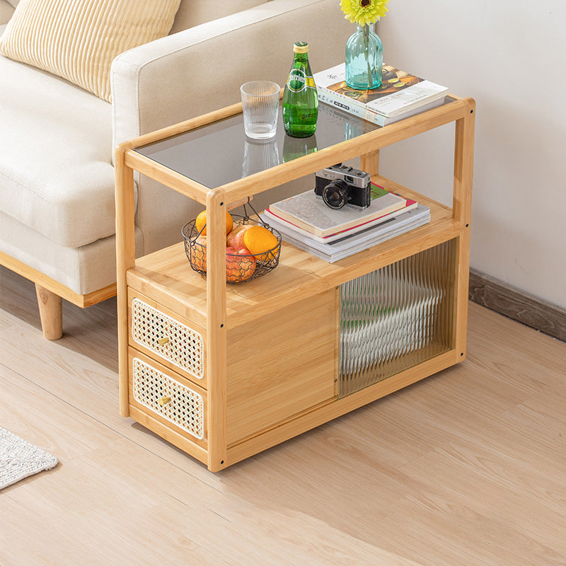 Modern Minimalist Bamboo Solid Wood Plywood Resin Rattan Glass Rectangular Mobile Side Table With 2 Drawers For Living Room