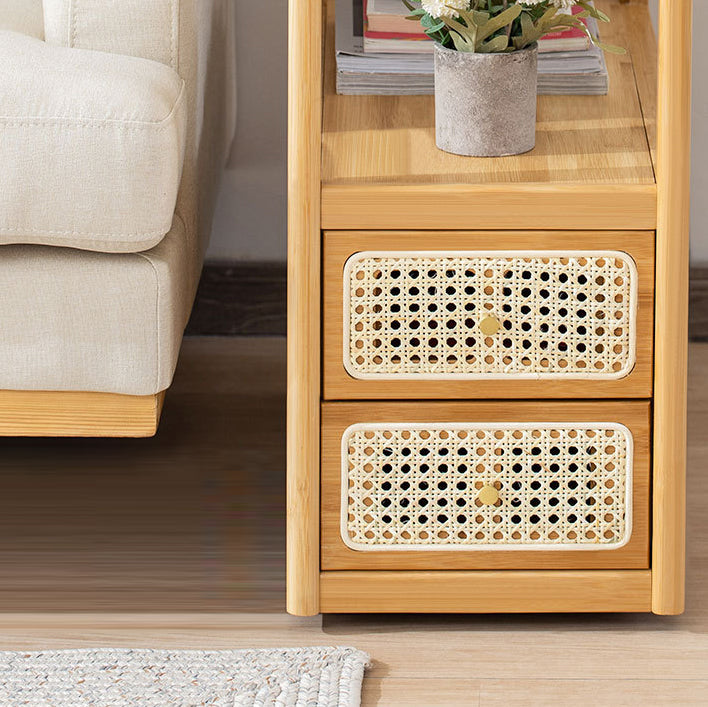 Modern Minimalist Bamboo Solid Wood Plywood Resin Rattan Glass Rectangular Mobile Side Table With 2 Drawers For Living Room