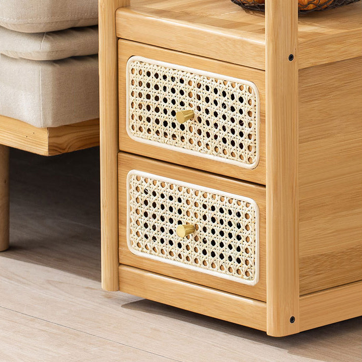 Modern Minimalist Bamboo Solid Wood Plywood Resin Rattan Glass Rectangular Mobile Side Table With 2 Drawers For Living Room