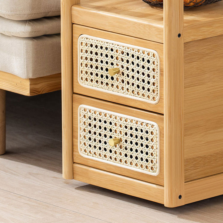 Modern Minimalist Bamboo Solid Wood Plywood Resin Rattan Glass Rectangular Mobile Side Table With 2 Drawers For Living Room