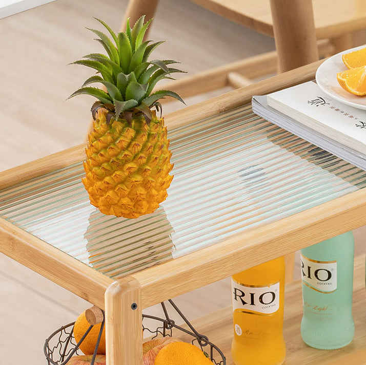 Modern Minimalist Bamboo Solid Wood Plywood Resin Rattan Glass Rectangular Mobile Side Table With 2 Drawers For Living Room