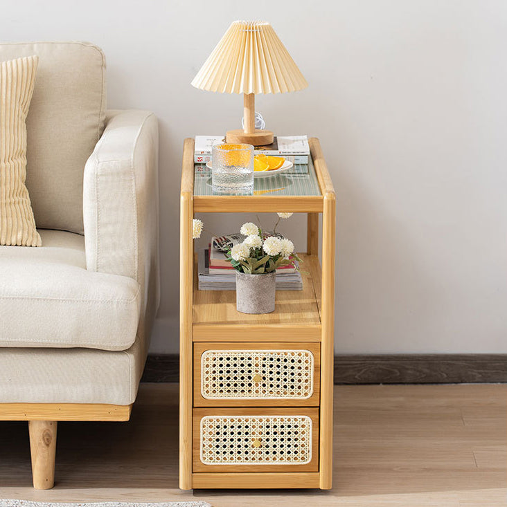 Modern Minimalist Bamboo Solid Wood Plywood Resin Rattan Glass Rectangular Mobile Side Table With 2 Drawers For Living Room