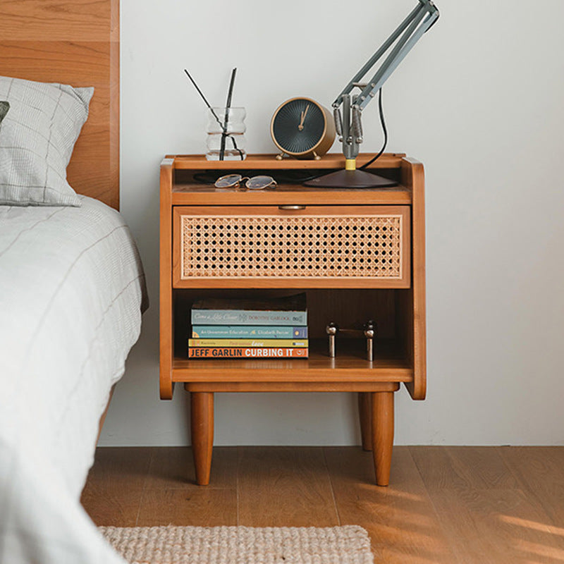 Traditional Vintage Solid Wood Natural Rattan Curved Hollow Rectangular Nightstand With Drawer For Bedroom