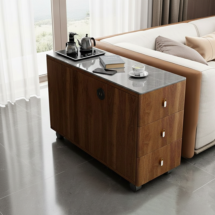 Contemporary Nordic Sintered Stone Particalboard Rectangular Side Table With 3 Drawers For Living Room