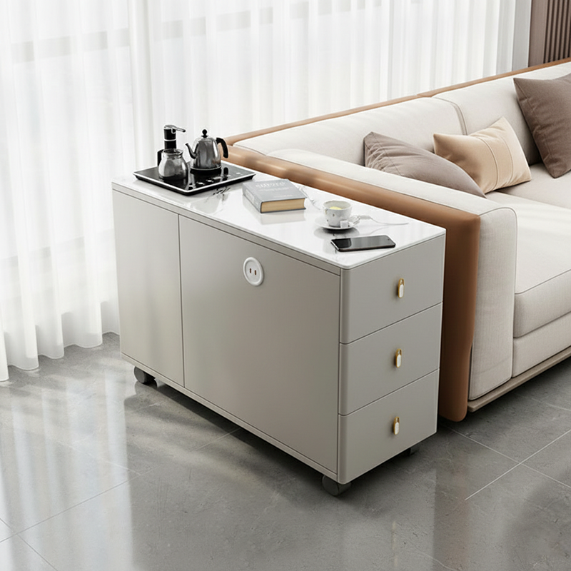 Contemporary Nordic Sintered Stone Particalboard Rectangular Side Table With 3 Drawers For Living Room