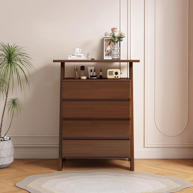 Traditional Chinese Solid Wood Multi-Layer Board Rubberwood Rectangular Sideboard 4-Drawer Storage Cabinet For Living Room