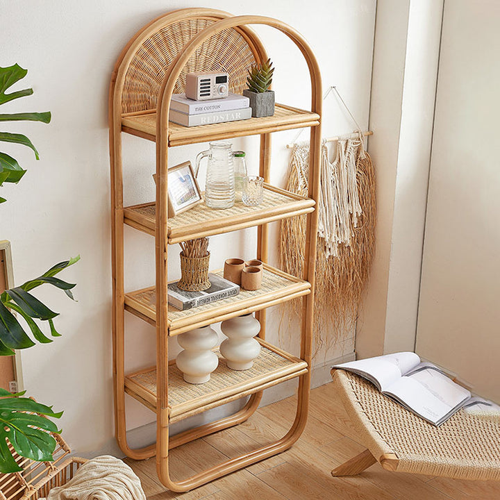 Traditionelles japanisches indonesisches Rattan-Bogenregal 3/4-stufiges Regal für das Wohnzimmer 