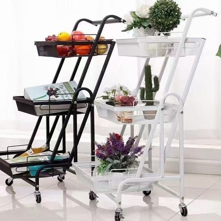 Moderner minimalistischer Rollwagen aus Kohlenstoffstahl mit offenem quadratischen 3-stufigen Regal für das Wohnzimmer 