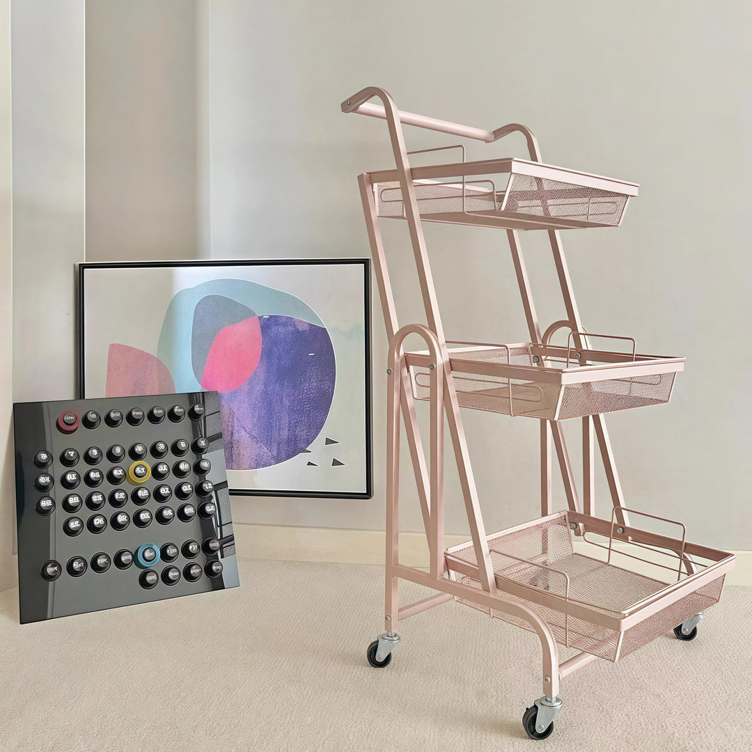 Moderner minimalistischer Rollwagen aus Kohlenstoffstahl mit offenem quadratischen 3-stufigen Regal für das Wohnzimmer 