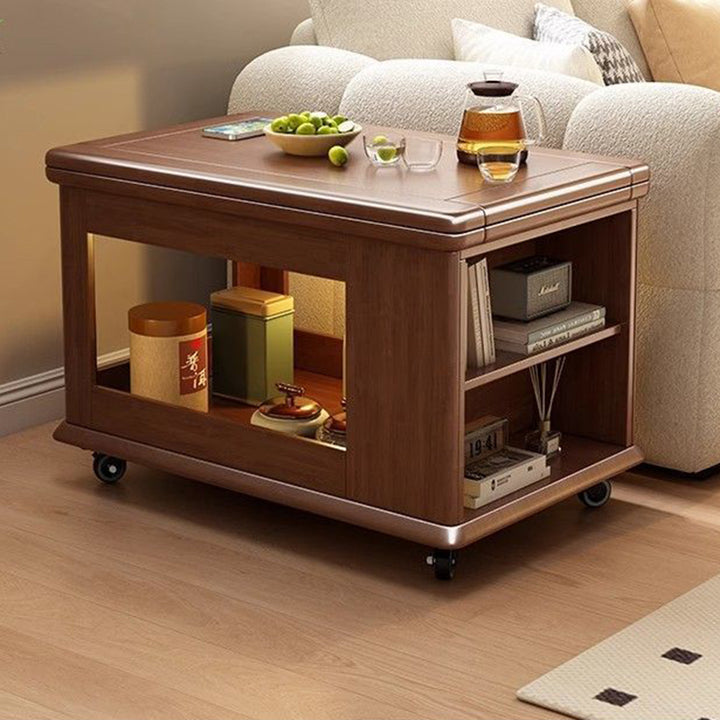 Table basse rectangulaire mobile traditionnelle vintage en bois d’hévéa et métal avec 3 niveaux pour salon 