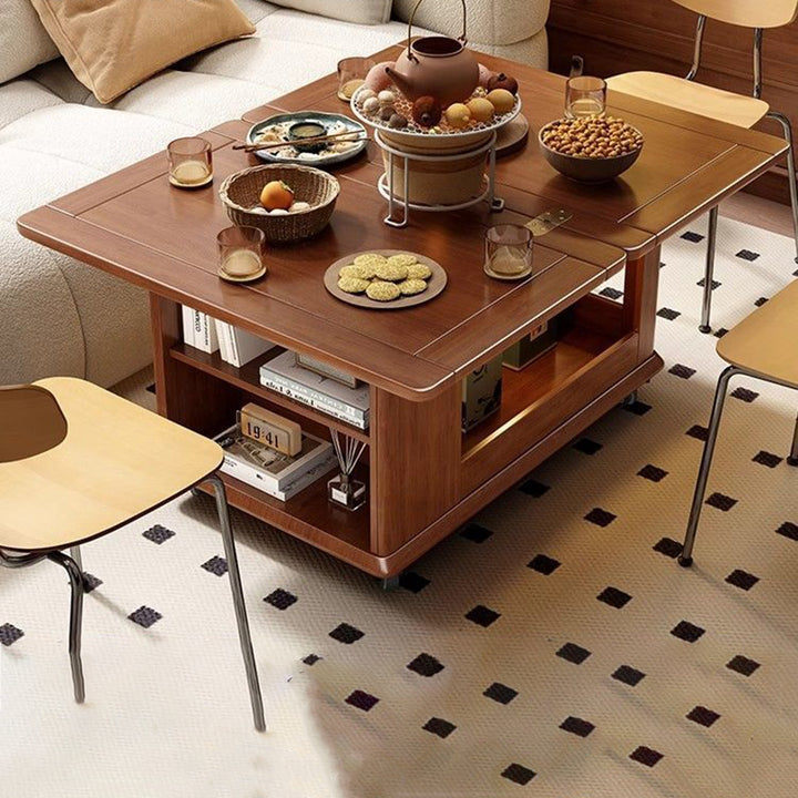 Table basse rectangulaire mobile traditionnelle vintage en bois d’hévéa et métal avec 3 niveaux pour salon 