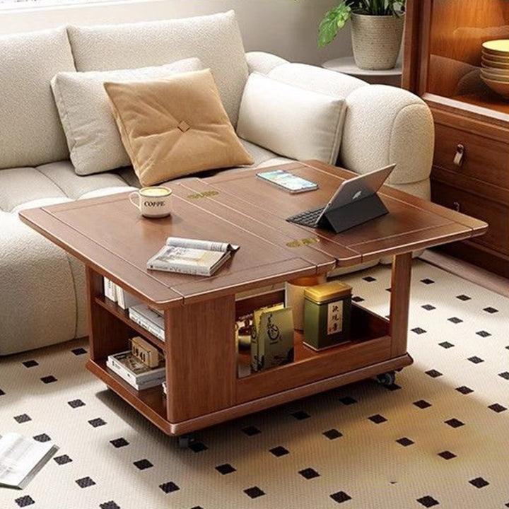 Table basse rectangulaire mobile traditionnelle vintage en bois d’hévéa et métal avec 3 niveaux pour salon 