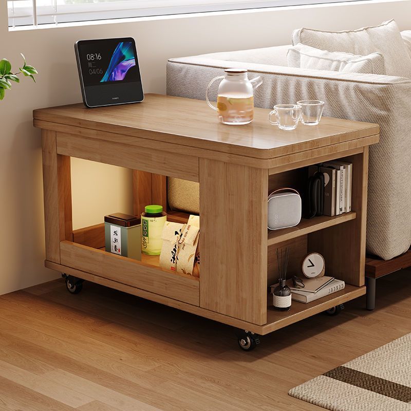 Table basse rectangulaire mobile traditionnelle vintage en bois d’hévéa et métal avec 3 niveaux pour salon 