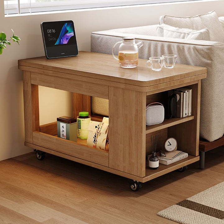 Table basse rectangulaire mobile traditionnelle vintage en bois d’hévéa et métal avec 3 niveaux pour salon 