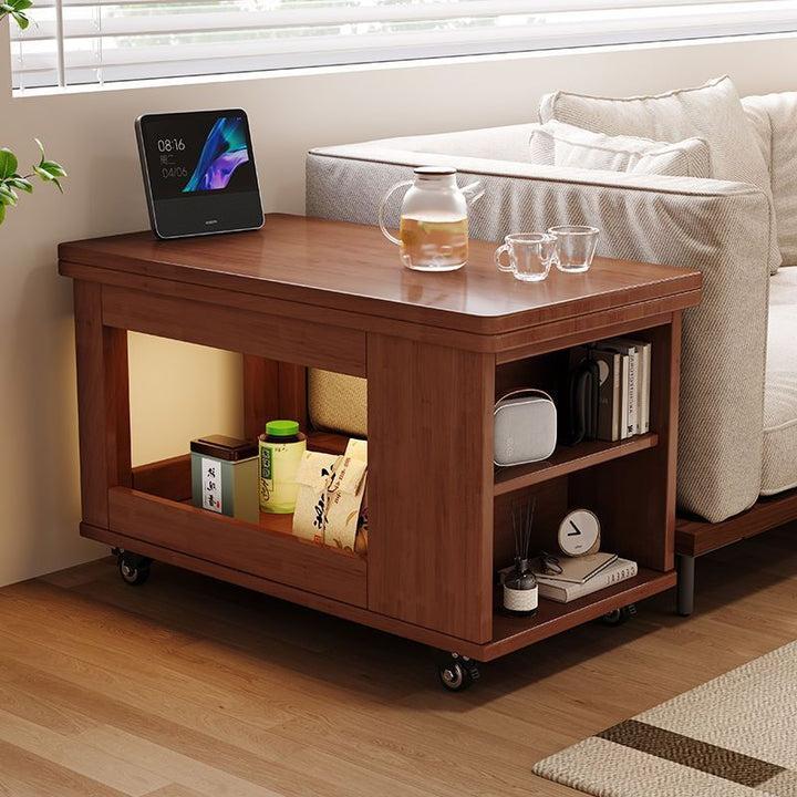 Table basse rectangulaire mobile traditionnelle vintage en bois d’hévéa et métal avec 3 niveaux pour salon 