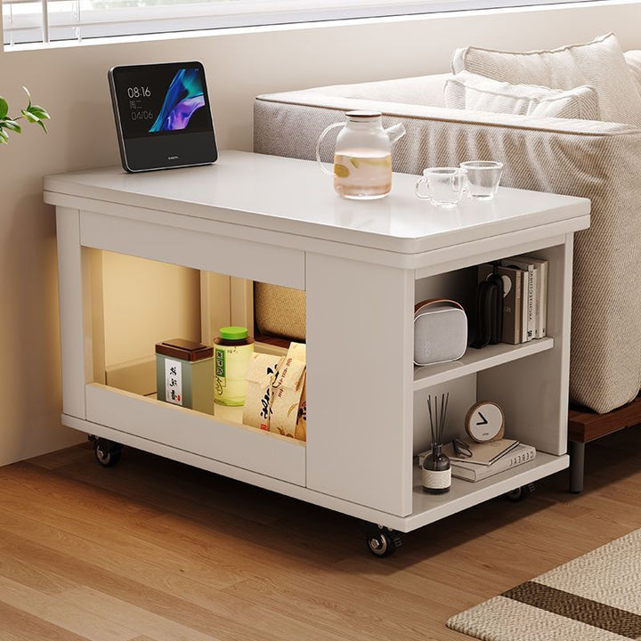 Table basse rectangulaire mobile traditionnelle vintage en bois d’hévéa et métal avec 3 niveaux pour salon 