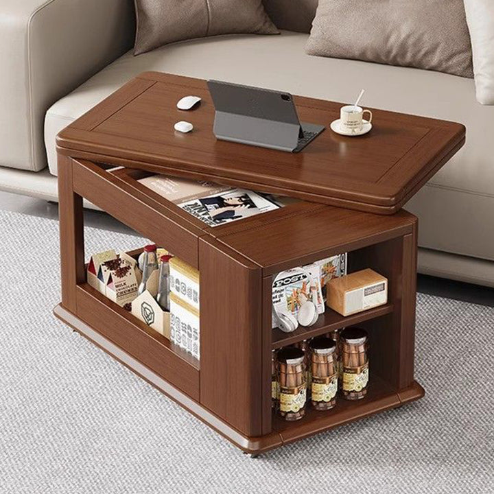 Table basse rectangulaire mobile traditionnelle vintage en bois d’hévéa et métal avec 3 niveaux pour salon 