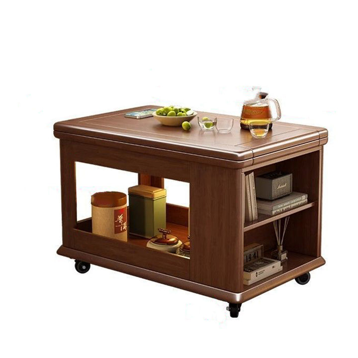 Table basse rectangulaire mobile traditionnelle vintage en bois d’hévéa et métal avec 3 niveaux pour salon 