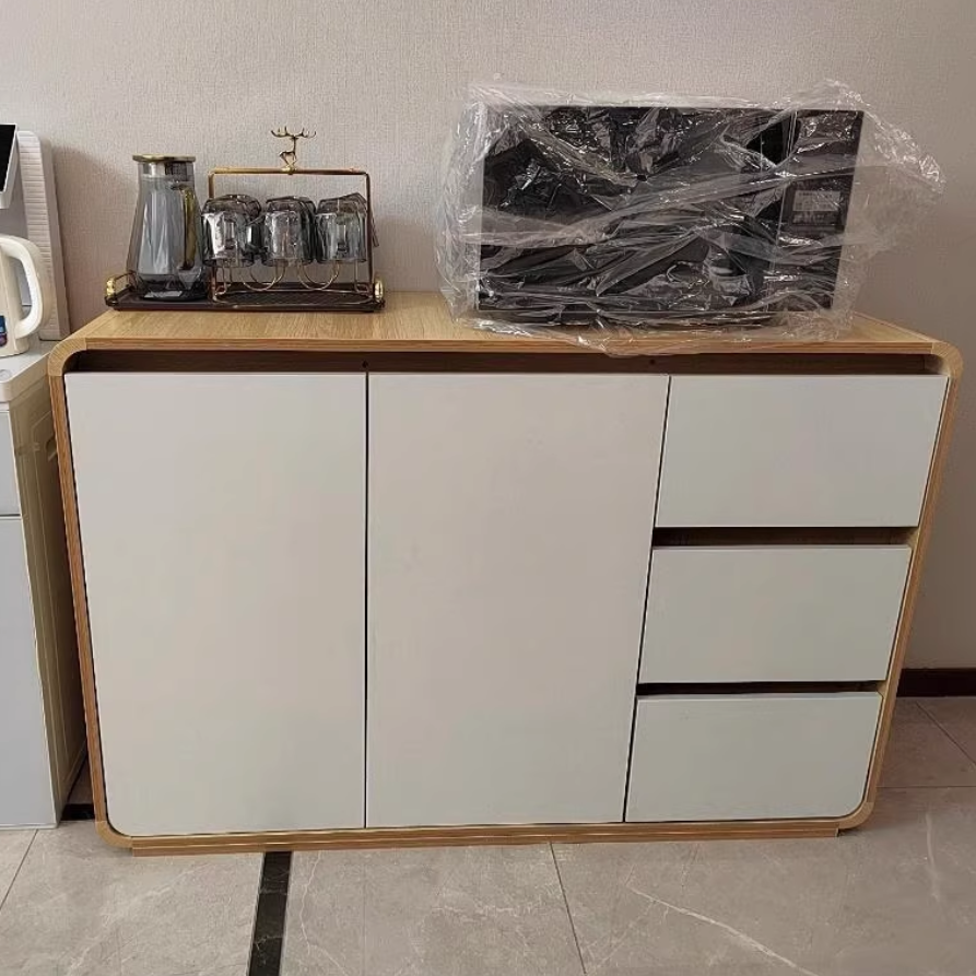 Moderner minimalistischer Holzpaneele Metall abgerundetes Quadrat Rechteck Aufbewahrungsschrank mit 3 Schubladen für das Wohnzimmer 