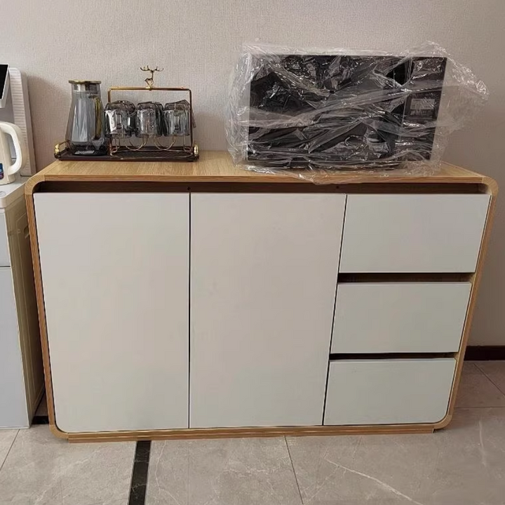 Moderner minimalistischer Holzpaneele Metall abgerundetes Quadrat Rechteck Aufbewahrungsschrank mit 3 Schubladen für das Wohnzimmer 