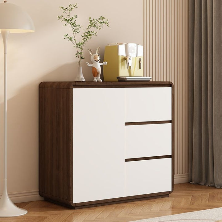 Moderner minimalistischer Holzpaneele Metall abgerundetes Quadrat Rechteck Aufbewahrungsschrank mit 3 Schubladen für das Wohnzimmer 