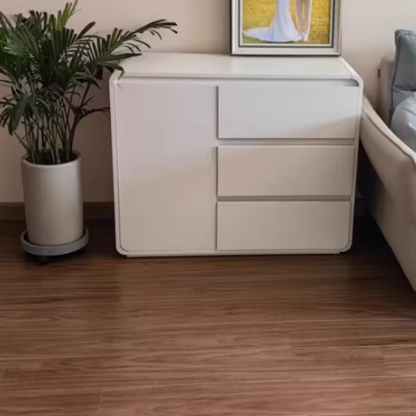Moderner minimalistischer Holzpaneele Metall abgerundetes Quadrat Rechteck Aufbewahrungsschrank mit 3 Schubladen für das Wohnzimmer 