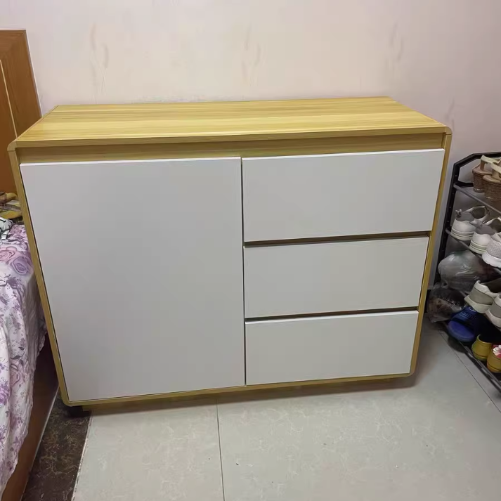 Moderner minimalistischer Holzpaneele Metall abgerundetes Quadrat Rechteck Aufbewahrungsschrank mit 3 Schubladen für das Wohnzimmer 