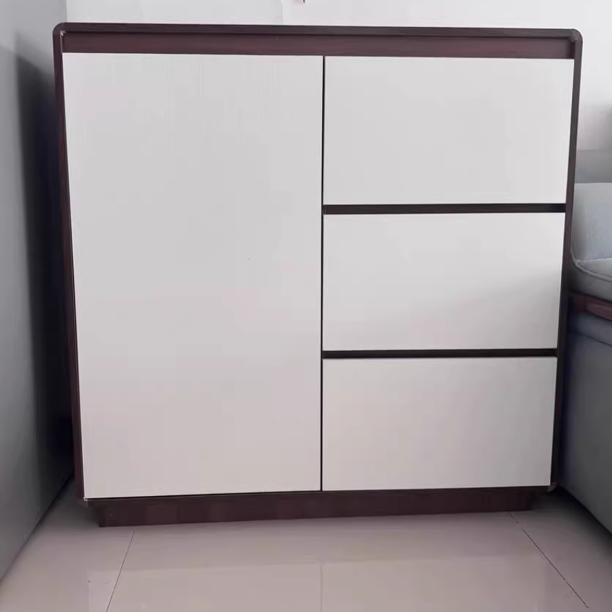 Moderner minimalistischer Holzpaneele Metall abgerundetes Quadrat Rechteck Aufbewahrungsschrank mit 3 Schubladen für das Wohnzimmer 
