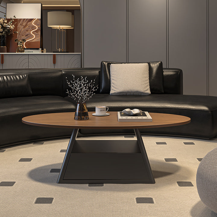 Modern Minimalist Sintered Stone Iron Long Oval Tapered Base Coffee Table With 2-Tier For Living Room