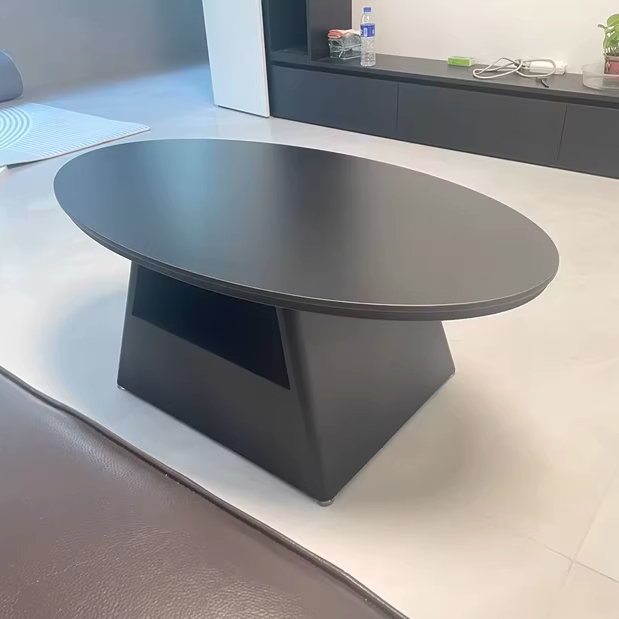 Table basse longue ovale effilée en fer avec base à deux niveaux, en pierre frittée, style minimaliste moderne, pour salon 