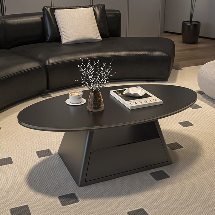 Table basse longue ovale effilée en fer avec base à deux niveaux, en pierre frittée, style minimaliste moderne, pour salon 