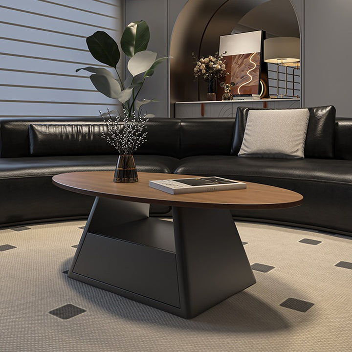 Table basse longue ovale effilée en fer avec base à deux niveaux, en pierre frittée, style minimaliste moderne, pour salon 