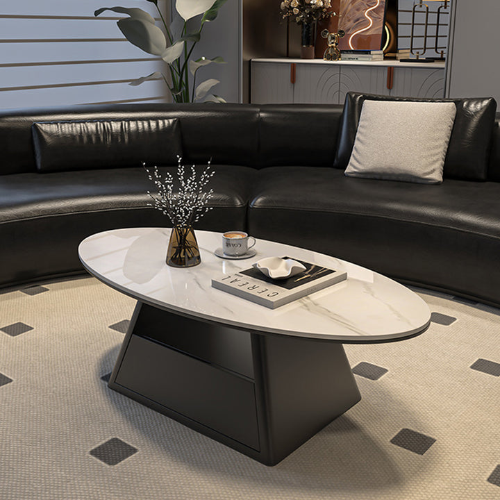 Table basse longue ovale effilée en fer avec base à deux niveaux, en pierre frittée, style minimaliste moderne, pour salon 