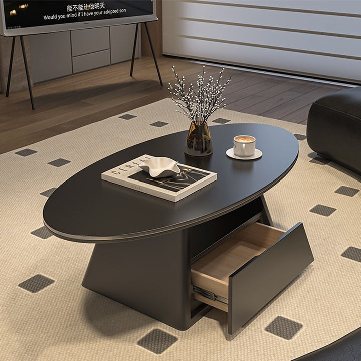 Table basse longue ovale effilée en fer avec base à deux niveaux, en pierre frittée, style minimaliste moderne, pour salon 