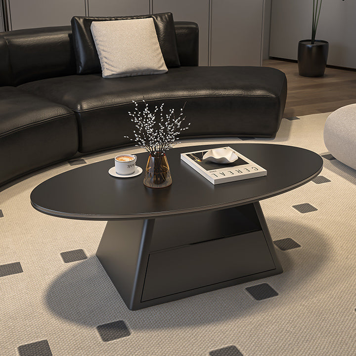 Modern Minimalist Sintered Stone Iron Long Oval Tapered Base Coffee Table With 2-Tier For Living Room