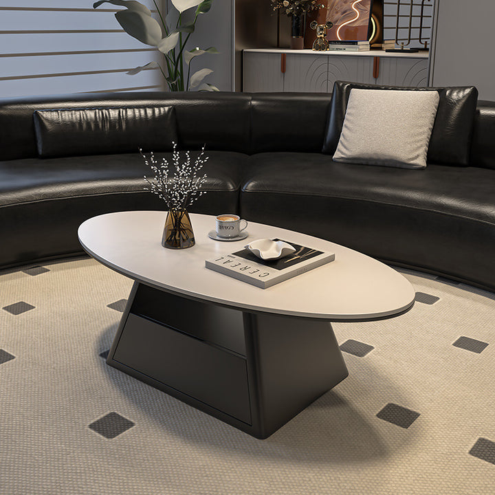 Table basse longue ovale effilée en fer avec base à deux niveaux, en pierre frittée, style minimaliste moderne, pour salon 