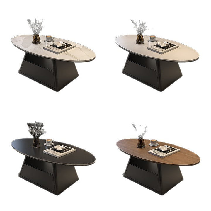 Table basse longue ovale effilée en fer avec base à deux niveaux, en pierre frittée, style minimaliste moderne, pour salon 
