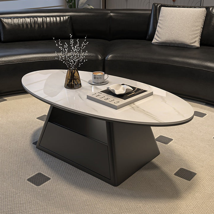 Table basse longue ovale effilée en fer avec base à deux niveaux, en pierre frittée, style minimaliste moderne, pour salon 