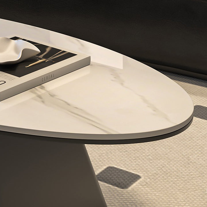 Table basse longue ovale effilée en fer avec base à deux niveaux, en pierre frittée, style minimaliste moderne, pour salon 