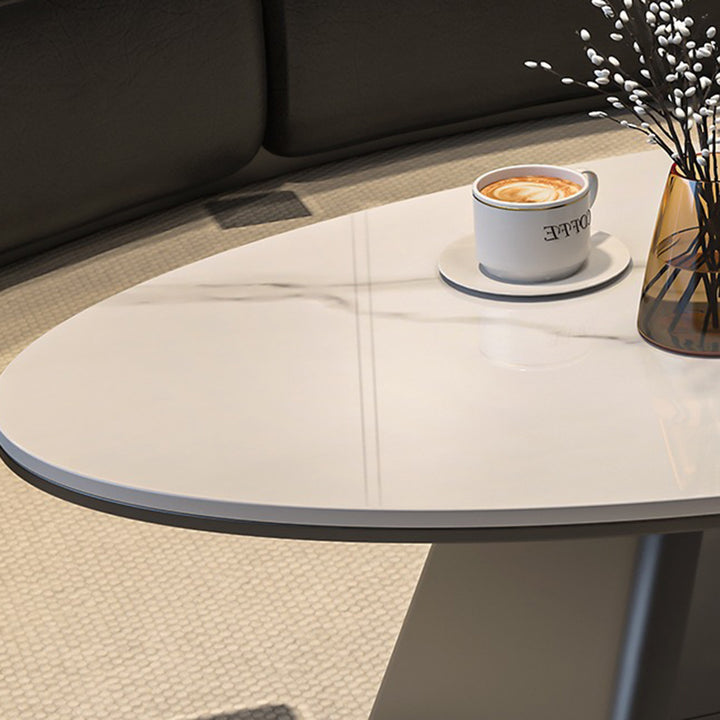 Table basse longue ovale effilée en fer avec base à deux niveaux, en pierre frittée, style minimaliste moderne, pour salon 