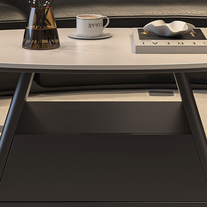 Table basse longue ovale effilée en fer avec base à deux niveaux, en pierre frittée, style minimaliste moderne, pour salon 