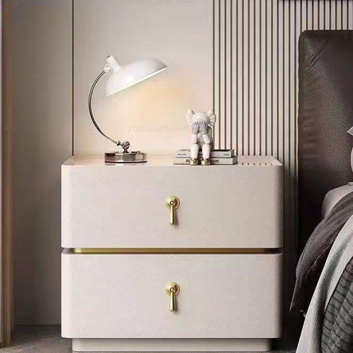 Zeitgenössischer skandinavischer MDF-Sinterstein-Kunstleder-abgerundeter quadratischer Nachttisch mit 2 Schubladen für das Schlafzimmer 