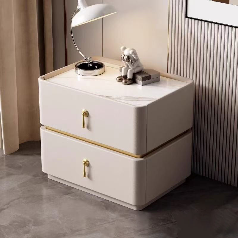 Zeitgenössischer skandinavischer MDF-Sinterstein-Kunstleder-abgerundeter quadratischer Nachttisch mit 2 Schubladen für das Schlafzimmer 